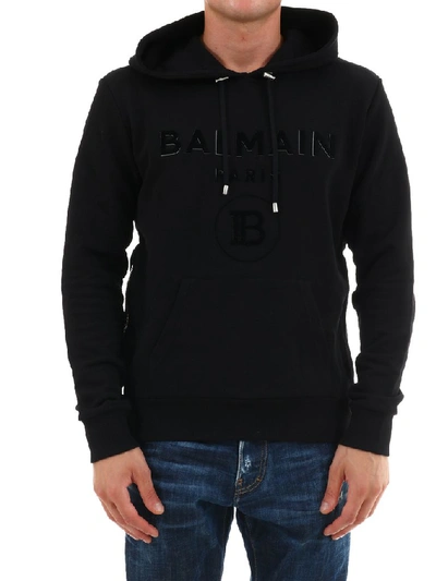 Balmain Logo-print Brushed Cotton-jersey Hooded Sweatshirt In Black