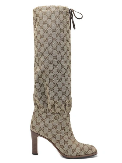 Gucci Gg Logo Supreme Thigh High Boots In Beige