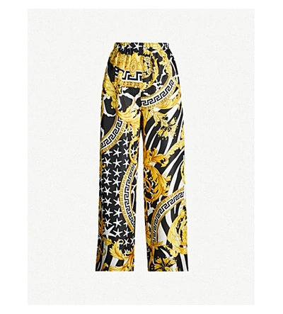 Versace Baroque-print High-rise Wide Silk Trousers In Gold Print