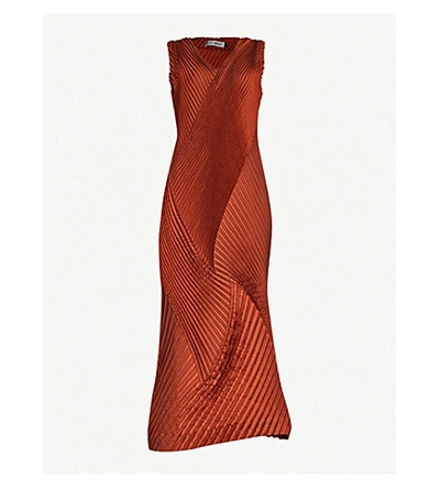 Issey Miyake Striped Pleated Crepe Midi Dress In Orange