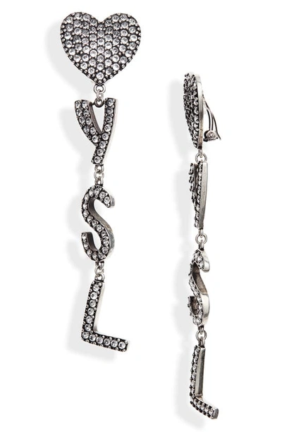 Saint Laurent Heart Ysl Clip Earrings In Argent Oxyde Crystal