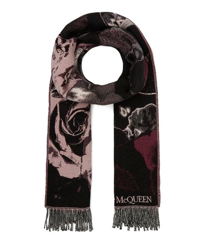 Alexander Mcqueen Torn Roses Wool Scarf In Black