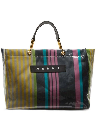 Marni Glossy Grip Large Striped Shopping Bag In White