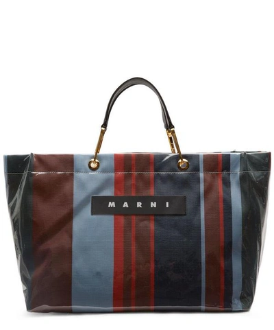 Marni Glossy Grip Large Striped Shopping Bag In White