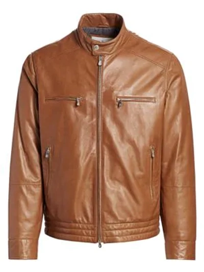 Brunello Cucinelli Leather Moto Jacket In Rum