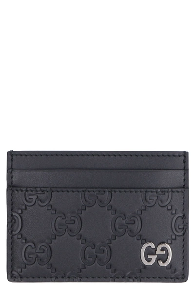 Gucci Gg Print Leather Card Holder In Black
