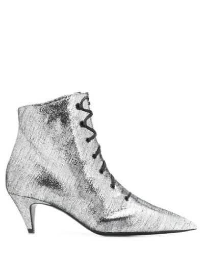 Saint Laurent Charlotte Lace-up Metallic-leather Ankle Boots In Silver