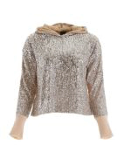 Pinko Knit Hoodie With Sequins In Platino (beige)