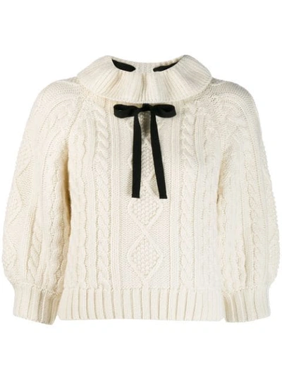 Red Valentino Bow-embellished Cable Knit Jumper In White