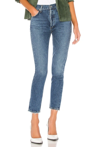 Agolde Toni Mid-rise Straight-leg Ankle Distressed-hem Jeans In Blue
