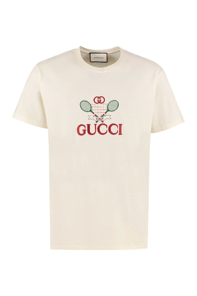 Gucci Embroidered Tennis Logo Cotton-jersey T-shirt In Neutrals