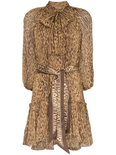 Zimmermann Espionage Pussy-bow Leopard-print Silk-georgette Mini Dress In Brown