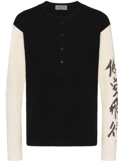 Yohji Yamamoto Henley Message Long Sleeve T-shirt In Black