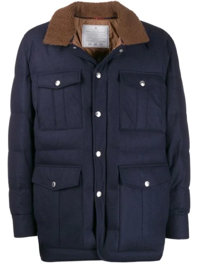 Brunello Cucinelli Shearling Collar Coat In Blue