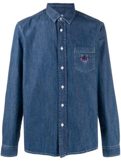 Kenzo Tiger Embroidered Denim Shirt In Blue