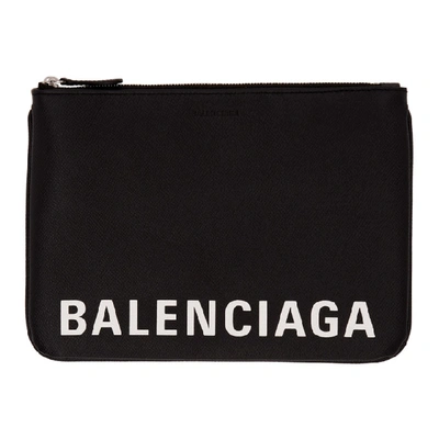 Balenciaga Logo Print Grained Leather Pouch In Black