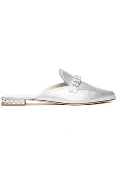 Stuart Weitzman Faux Pearl-embellished Leather Slippers In Silver