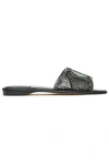 RENÉ CAOVILLA RENE' CAOVILLA WOMAN LASER-CUT CRYSTAL-EMBELLISHED SUEDE SLIDES DARK GRAY,3074457345620671920