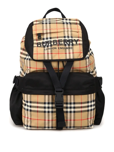 Burberry Logo Print Vintage Check Backpack In Beige