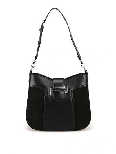 Tod's Double T Leather And Suede Hobo Bag In Black