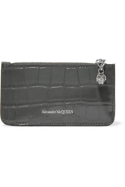 Alexander Mcqueen Embellished Croc-effect Leather Cardholder In Gray