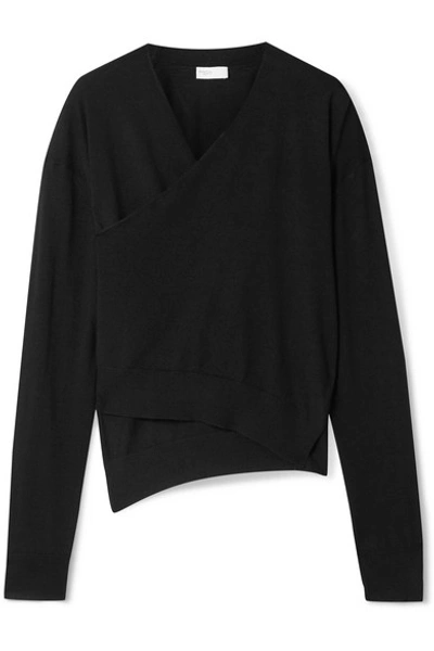 Rosetta Getty Asymmetric Wrap-effect Merino Wool Sweater In Black