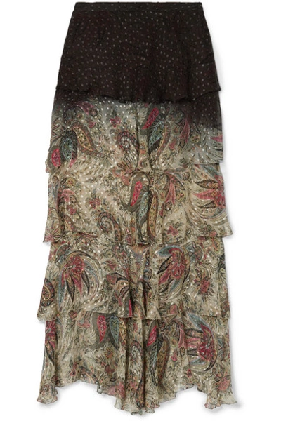 Etro Tiered Printed Fil Coupé Chiffon Maxi Skirt In Beige