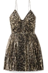 SAINT LAURENT PLEATED LEOPARD-PRINT SILK-BLEND LAMÉ MINI DRESS