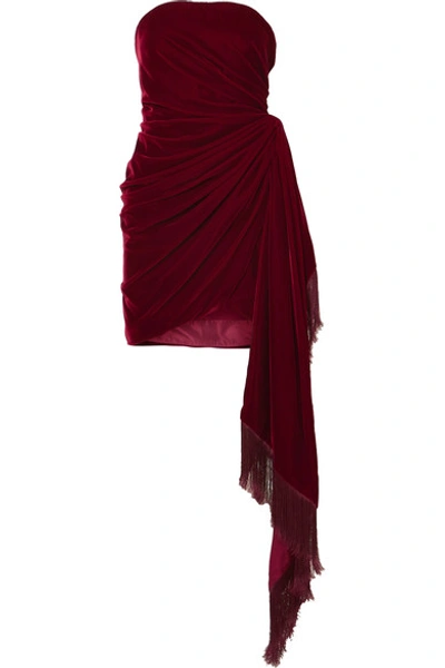 Oscar De La Renta Strapless Fringed Draped Velvet Mini Dress In Red