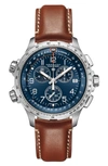 Hamilton Men's Swiss Chronograph Khaki X-wind Gmt Brown Leather Strap Watch 46mm In Brown/ Blue/ Silver