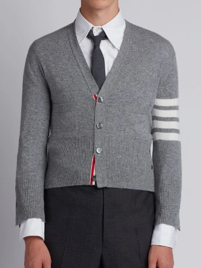 Thom Browne Short V-neck Cardigan With 4-bar Stripe In Light Grey Cashmere