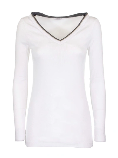 Brunello Cucinelli Stretch Cotton Ribbed Jersey T-shirt With Shiny Contrast Trim In White