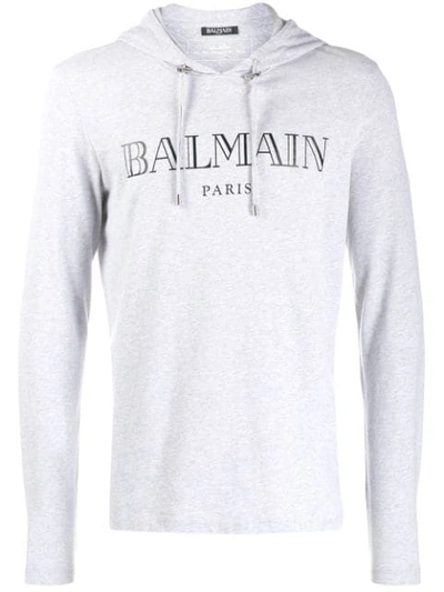 Balmain Logo-print Brushed Cotton-jersey Hooded Sweatshirt In Grey