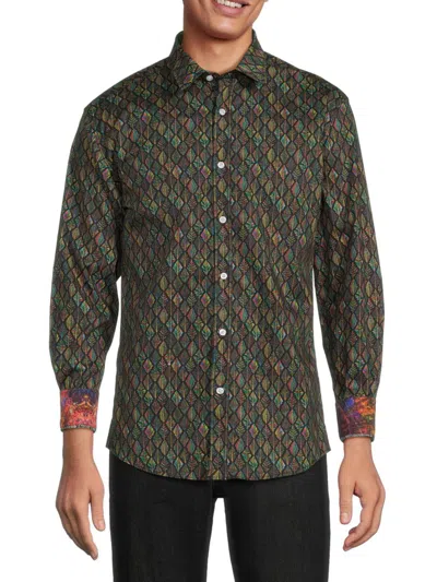 1...like No Other Men's Geometric Long Sleeve Shirt In Green Multi