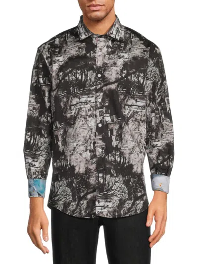 1...like No Other Men's Printed Spread Collar Shirt In Black Multi