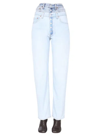 1/OFF DOUBLE-WAISTED LIGHT WASH DENIM JEANS