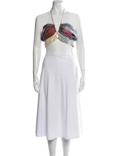 Pre-owned 1/off Linen Printed Crop Top In White