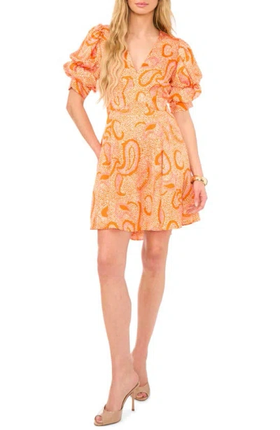 1.state Abstract Print Bubble Sleeve Minidress In Russet Orange