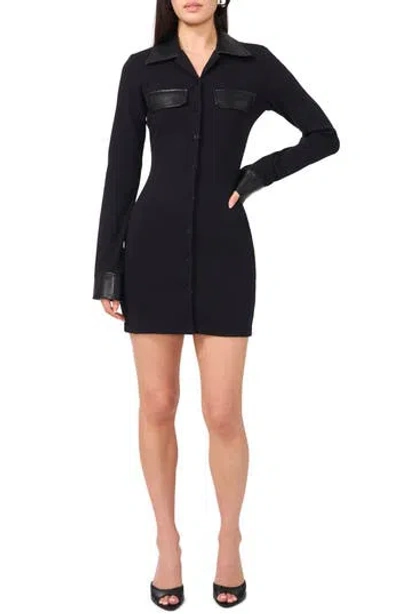 1.state Faux Leather Detail Long Sleeve Mini Shirtdress In Black