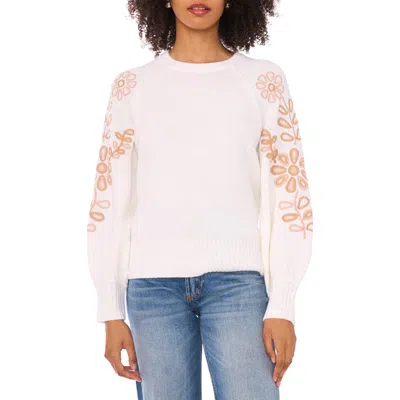 1.state Floral Embroidered Bubble Sleeve Sweater In White