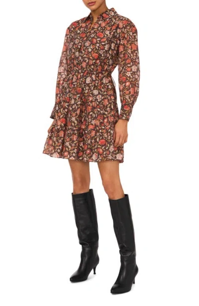 1.state Floral Long Sleeve Cotton Blend Voile Dress In Carnelian