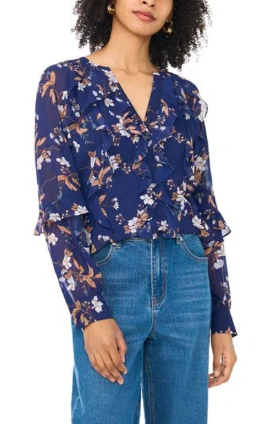 1.state Floral Ruffle Long Sleeve Top In Blue