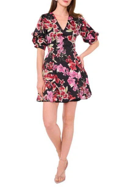 1.state Floral Tiered Bubble Sleeve Dress In Bright Orchid