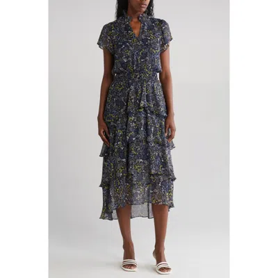 1.state Floral Tiered High-low Dress In Denim Blue/yellow