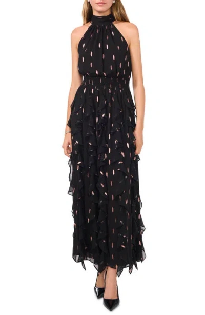 1.STATE 1.STATE FLOUNCE CASCADING METALLIC CLIP DOT MAXI DRESS