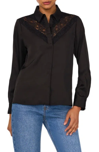 1.state Lace Yoke Satin Button-up Shirt In Black