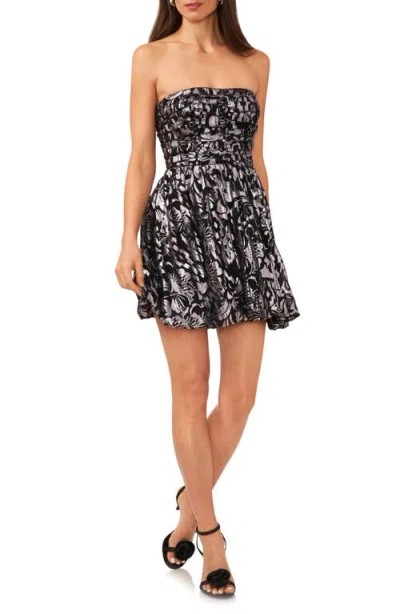 1.state Metallic Floral Strapless Bubble Hem Minidress In Rich Black