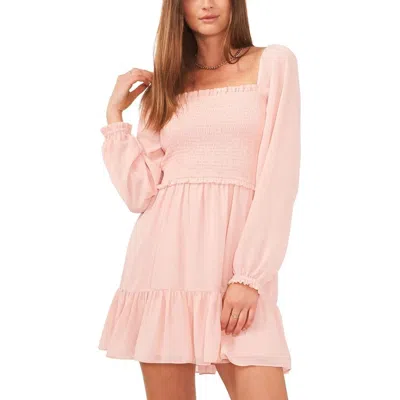 1.state Mini Dress Women's Peach Skin Chiffon Smocked Ruffle Hem Fts1382 In Pink
