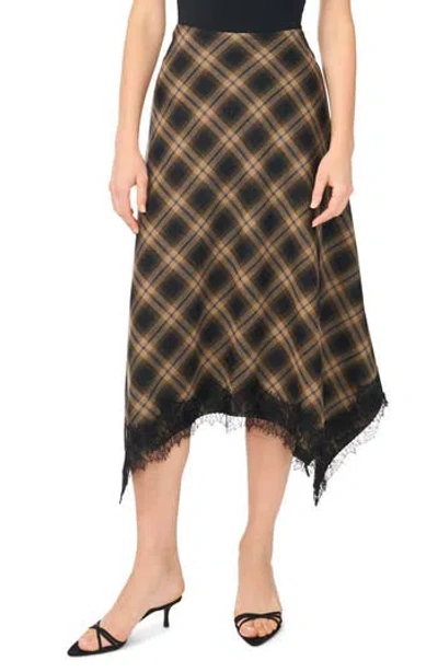 1.state Plaid Lace Trim Asymmetric Midi Skirt In Rich Black