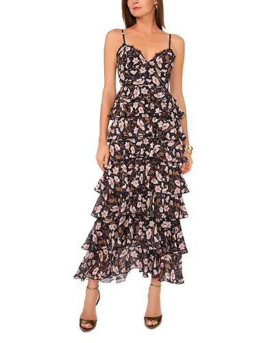 1.state Printed V Neck Ruffle Maxi Dress In Rich Black